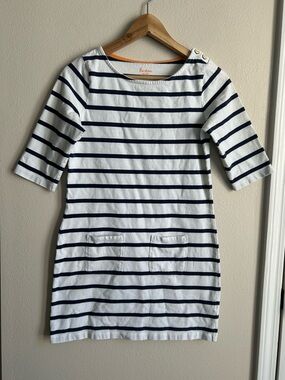 Boden Striped Navy and White Boatneck Tunic Dress with Pockets
